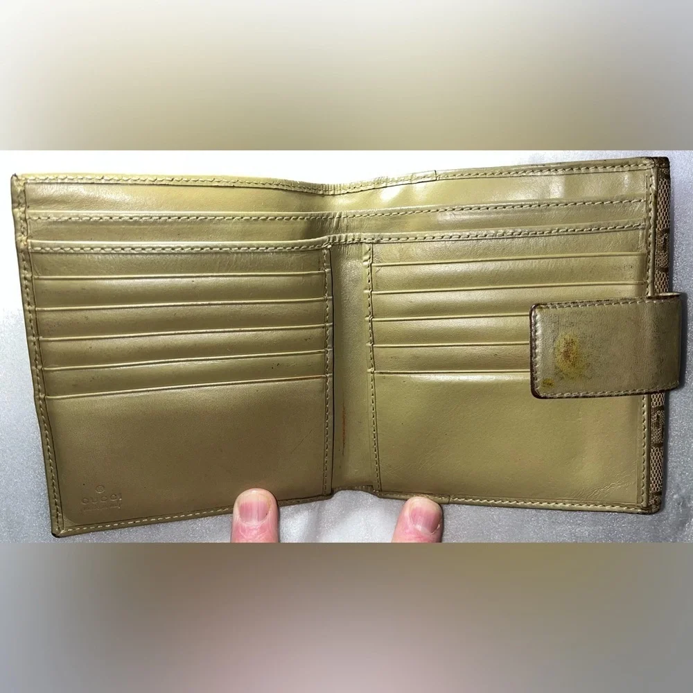 Gucci Beige Monogram Canvas Bi-Fold Wallet with Gold Plate